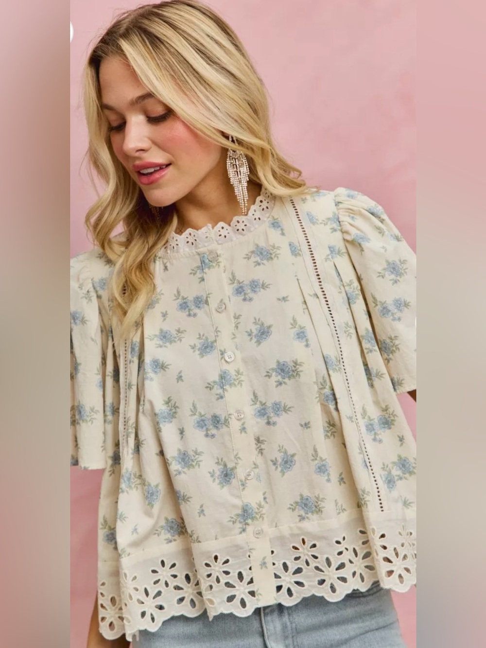 So Me Floral Print Lace Trim Blouse Top in Blue - Picture 3 of 7